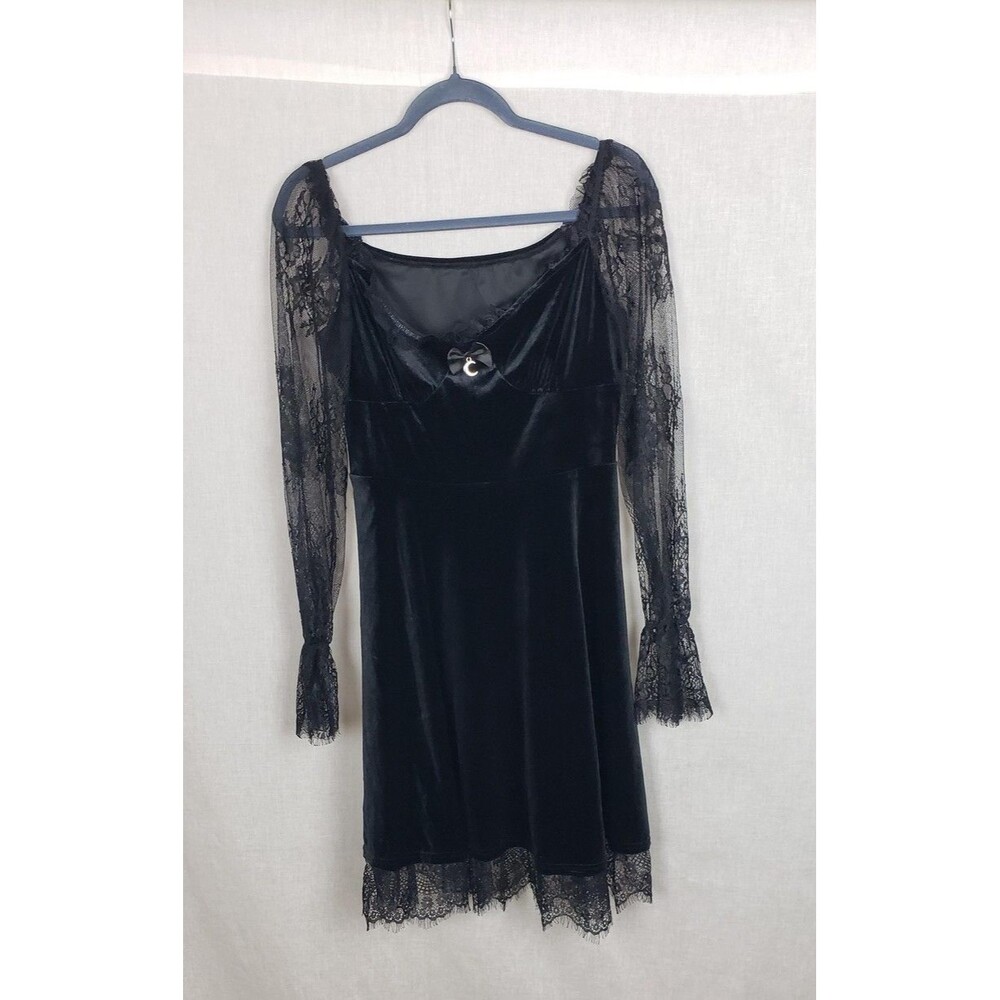 Gothic Velvet Dress L Black Lace Sleeves Mini Moon Charm Witchy Halloween